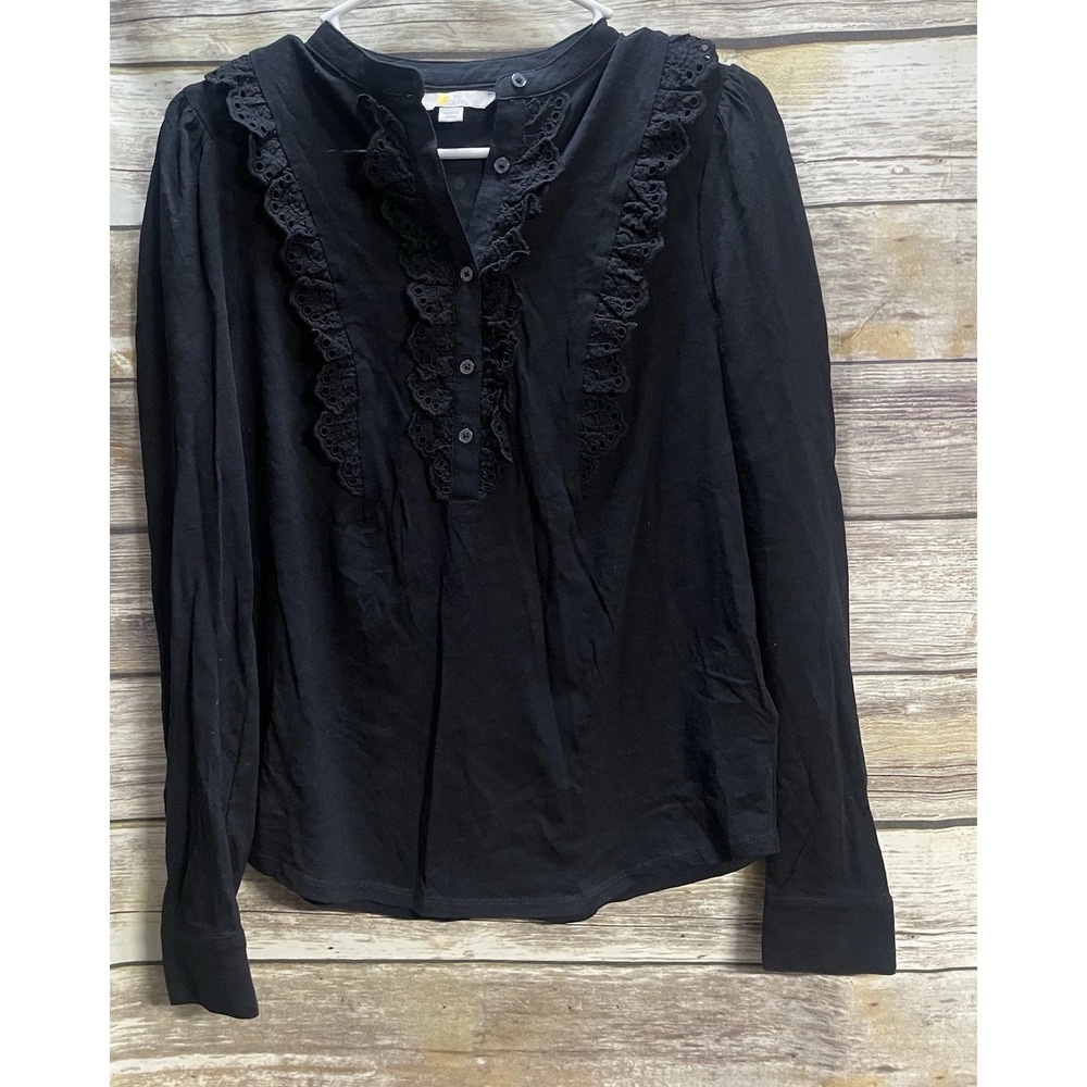 Boden Black Eyelet‎ Long Sleeve Shirt Blouse Ruffle Front Women's US 6 UK 10